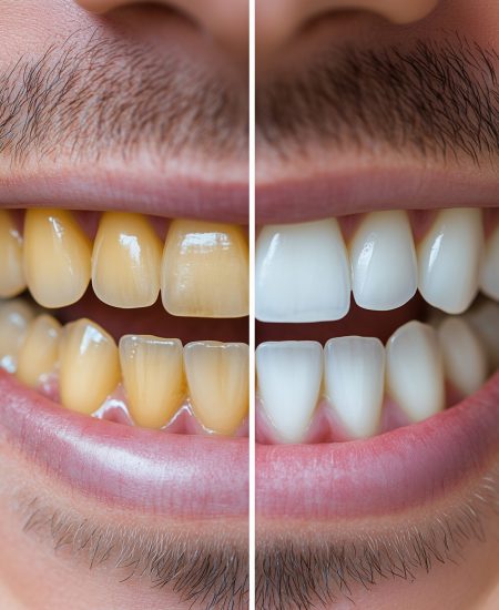 A Before and after photo of man teeth showing significant whitening improvement. left side displays yellowed teeth, while right side showcases bright, white smile, highlighting dental transformation